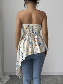 Elenzga Women's Elegant Sexy Apricot Floral Pattern Design Strapless Corset Asymmetric Ruffle Hem Sleeveless Fitted Blouse, Spring/Summer - Apricot - View 2