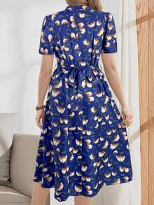 EMERY ROSE Vestido midi con cuello en V, cintura con lazo y manga corta, elegante y casual para mujer - azul real - Ver 2