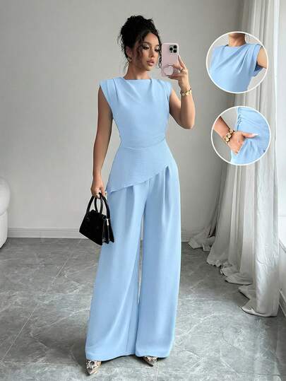 Rafferiza 2pcs/Set Women Solid Color Textured Pleated Round Neck Sleeveless Top