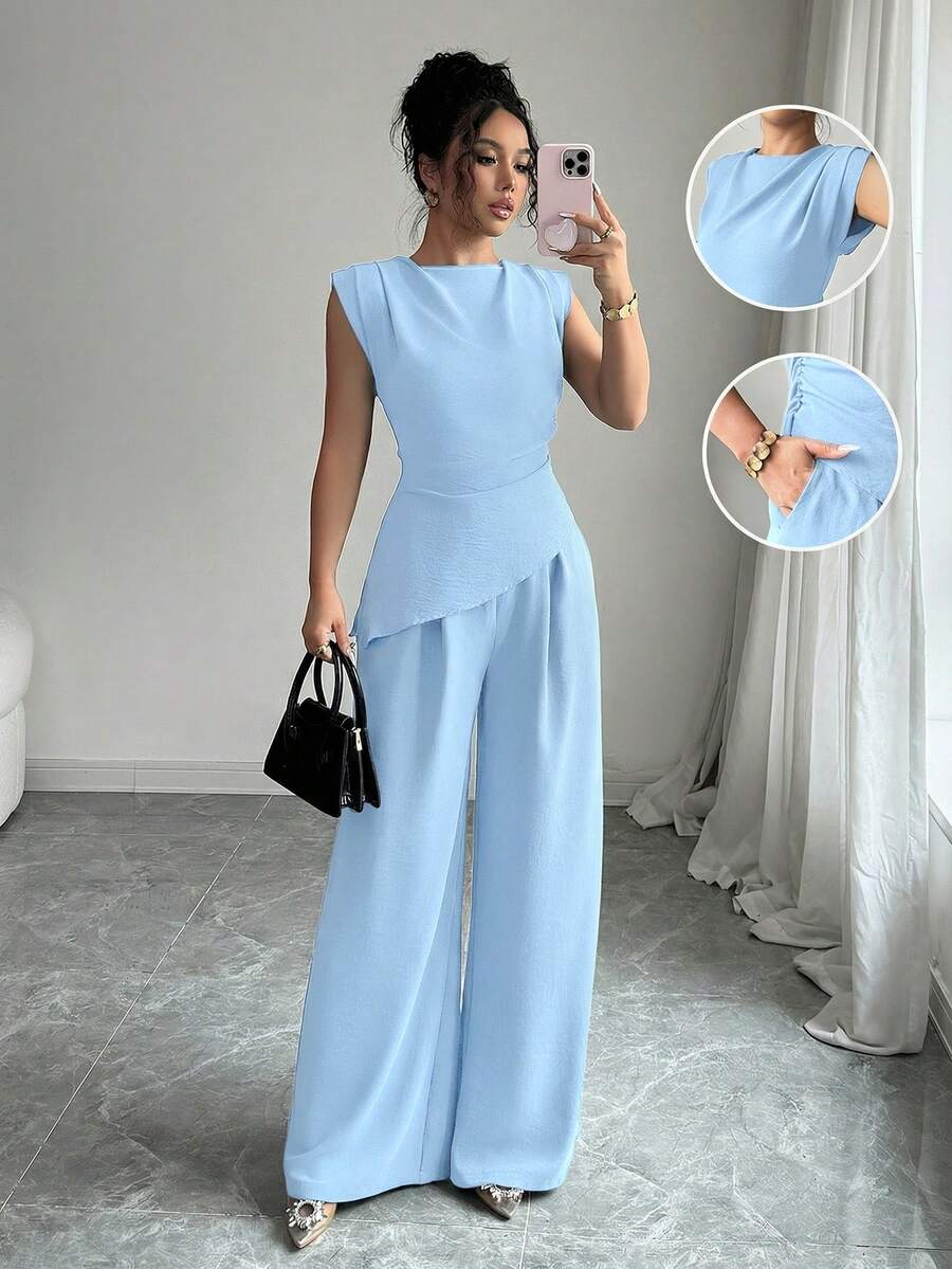 Rafferiza 2pcs/Set Women Solid Color Textured Pleated Round Neck Sleeveless Top - Baby Blue - View 1