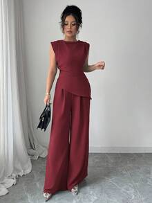 Rafferiza 2pcs/Set Women Solid Color Textured Pleated Round Neck Sleeveless Top - Burgundy - View 4