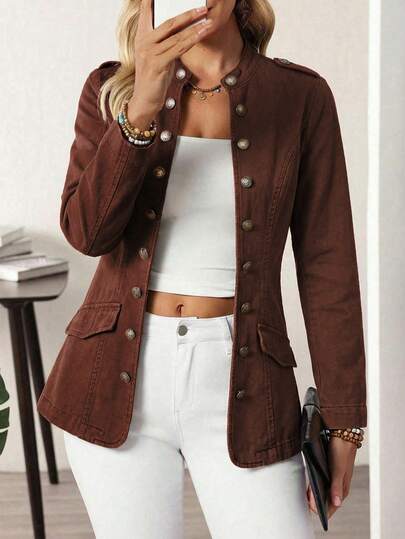 EMERY ROSE Plus Size Women's Long Sleeve Single-Breasted Casual Denim Jacket