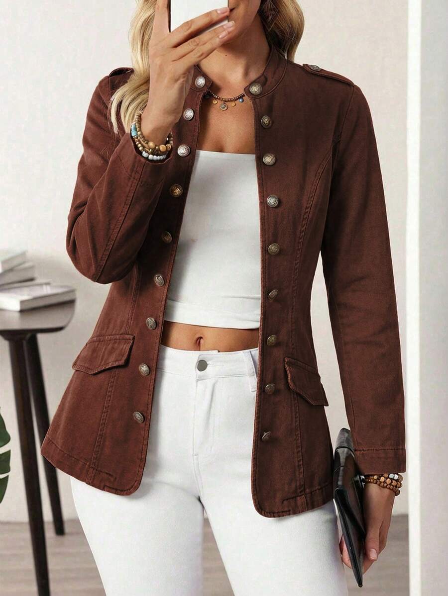 EMERY ROSE Plus Size Women's Long Sleeve Single-Breasted Casual Denim Jacket - Coffee Brown - View 1