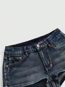 ROMWE Avant Women's Y2K Super Low-Rise Sexy Apple Pocket Embroidered Low Waist Denim Shorts - Blue - View 3