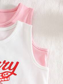 SHEIN Genkimix Kids 4pcs/Set Young Girl Sweet Cherry & Strawberry Print Camisole Top And Strawberry Plaid Ruffle Hem Shorts, Fresh Summer Vacation Style, Suitable For Beach, Travel And Other Summer Occasions - White - View 3