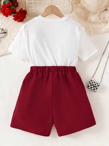 Conjunto de top de punto acanalado con volantes y falda-pantalón corta con abertura y lazo con perlas para niñas - Burdeos - Ver 2