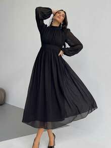 Firerie Elegant lång klänning i mesh för kvinnor med ramadanmotiv - Svart - Visa 7