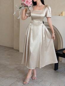 DAZY 女士优雅波点方领泡泡袖褶皱中长连衣裙，夏季婚礼宾客礼服/吊带裙/鸡尾酒裙 - 杏色 - 查看 5