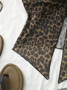 Roelina 女士性感褶皱细肩带豹纹透视拼接吊带背心，夏季 - 彩色 - 查看 4