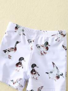 SHEIN Bubblio Set de 2 piezas de traje de baño y shorts de manga corta con diseño de pato de color block para bebés unisex, adecuado para la playa, el surf, las vacaciones, la natación y la protección solar - Verde militar - Ver 7