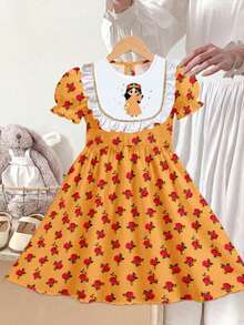SHEIN Young Girl Elegant Red Rosewood Rose Print Dress,Cartoon Princess Pattern,Puff Sleeve Ruffle Hem,Orange,Autumn,Fairy,Party,Spring/Summer Casual Wear - White - View 7