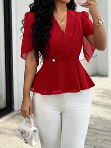 Rafferiza Red Chiffon V-Neck Cinched Waist Top/Puff Sleeve Unique Design Vintage Elegant Slim Fit Blouse For Women - Red - View 1