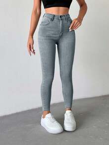 SHEIN Petite High Waist Casual Skinny Jean - Baby Blue - View 7