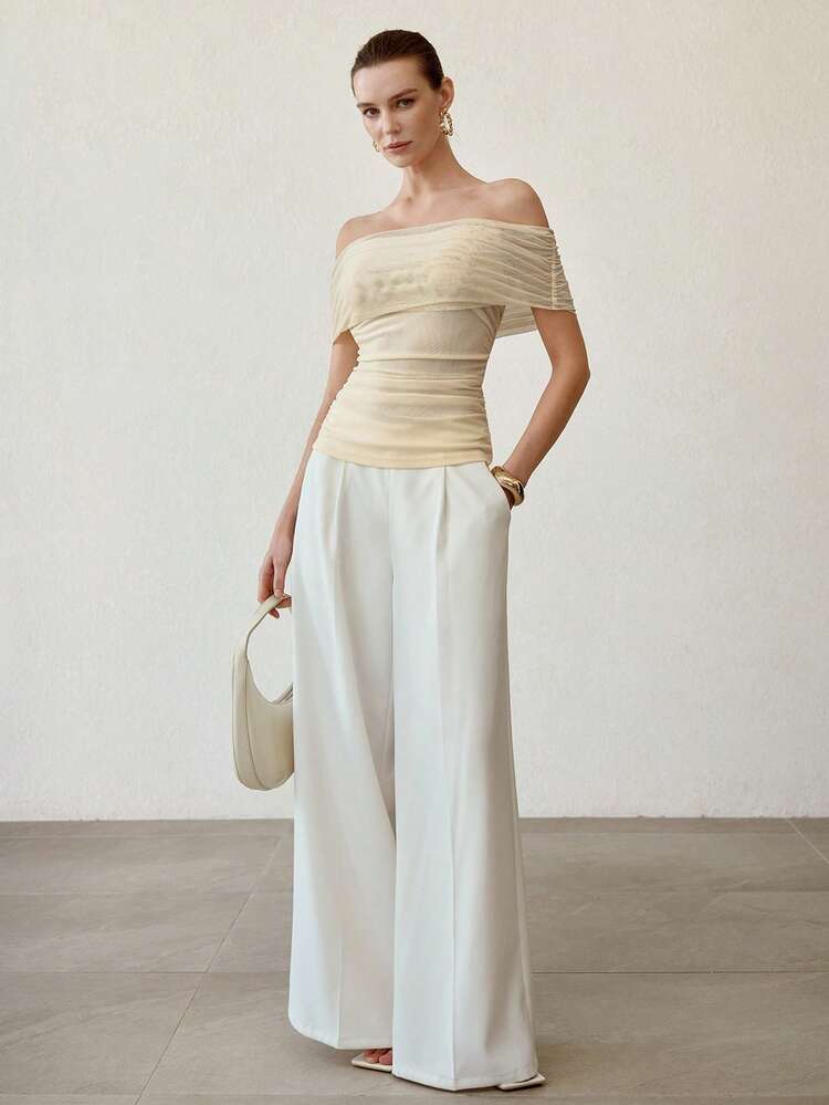 WOMEN'S APRICOT MESH FITTED SEXY ELEGANT OFF-SHOULDER TOP