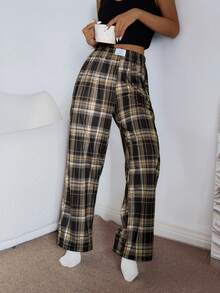 SHEIN 女士休闲格子印花弹力腰直筒家居裤