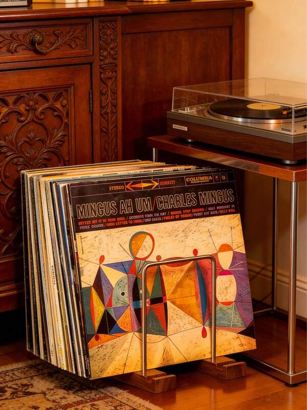 1pc Walnut Wood Vinyl Record Rack, Iron And Wood Combination Storage Rack, Desktop Record Storage And Display Rack, Small And Simple Standing Type