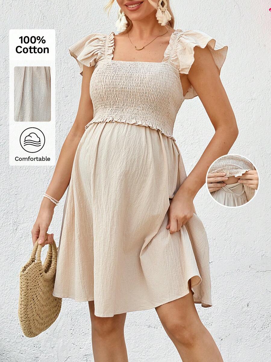 SHEIN 孕妇时尚荷叶边短裙 - 杏色 - 查看 1