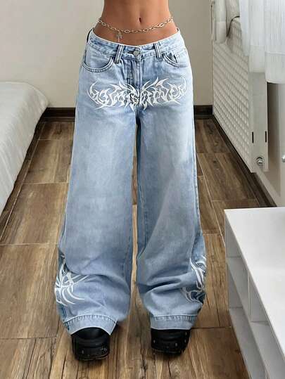 StreetHx 女士哥特图案口袋阔腿宽松休闲百搭牛仔裤