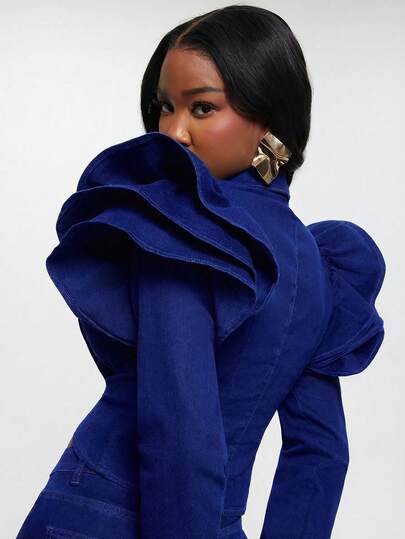 NYA SZN Destiny Jacket Cropped Seaming Long Sleeve Bolero Denim Ruffle Sleeve Stretch Dark Wash Office Business Casual Everyday Concert Western Special Event Party Elevated Raw Denim Classy Elegant Fall Winter Outfits For Women