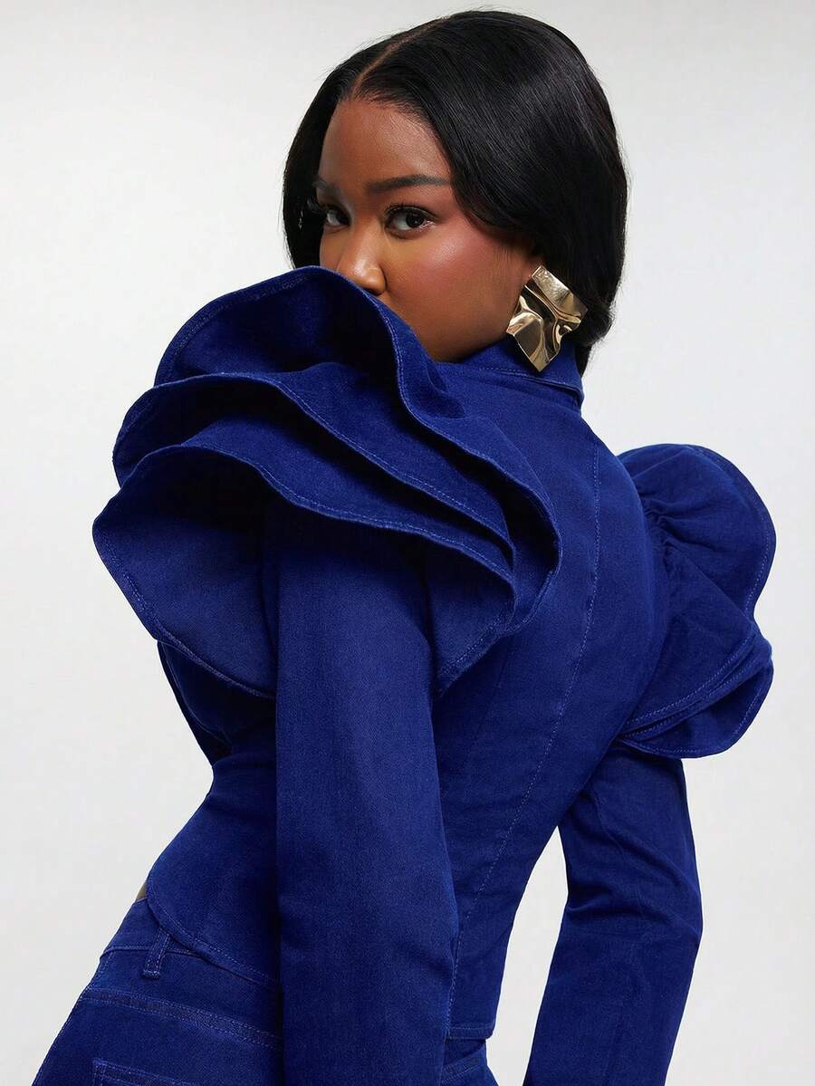 NYA SZN Destiny Jacket Cropped Seaming Long Sleeve Bolero Denim Ruffle Sleeve Stretch Dark Wash Office Business Casual Everyday Concert Western Special Event Party Elevated Raw Denim Classy Elegant Fall Winter Outfits For Women - Blue - View 1