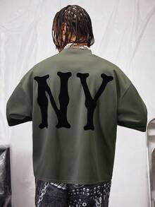 Manfinity RebelGame Men's Oversized Letter Print Round Neck Drop Shoulder Short Sleeve T-Shirt, Suitable For Summer - Green - View 3