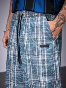 Manfinity VCAY Pantalones casuales holgados de tela tejida a cuadros con bolsillo y amarre delantero para hombre - Azul - Ver 5