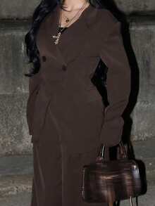 AfricaSnchz 女士缺角领夹克和裤子通勤日常基本款商务套装秋冬 - 咖啡棕 - 查看 4