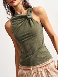 Bohemela Women's Casual Solid Color Knit Fitted Tank Top - Army Green - View 5