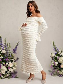 SHEIN Vestido de Maternidade Elegante de Festa, Ombro à Mostra, Manga Sino, Cor Sólida