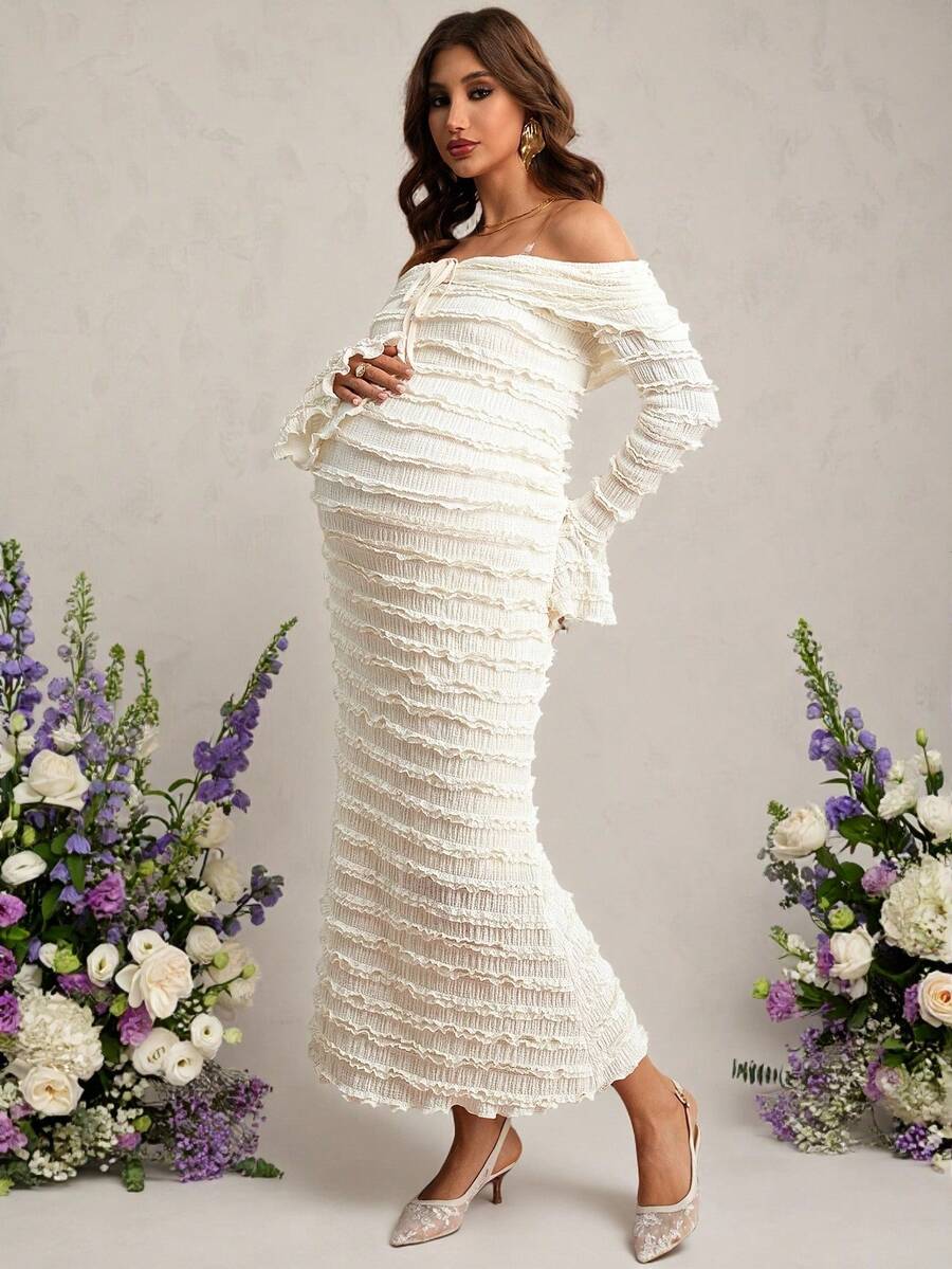 SHEIN Vestido de Maternidade Elegante de Festa, Ombro à Mostra, Manga Sino, Cor Sólida