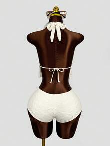 Zestiva Conjunto de biquíni feminino com top e calcinha de modelagem hipster, em tecido especial, com amarração frontal, laço e detalhe de estrela-do-mar. - Bege - Ver 2