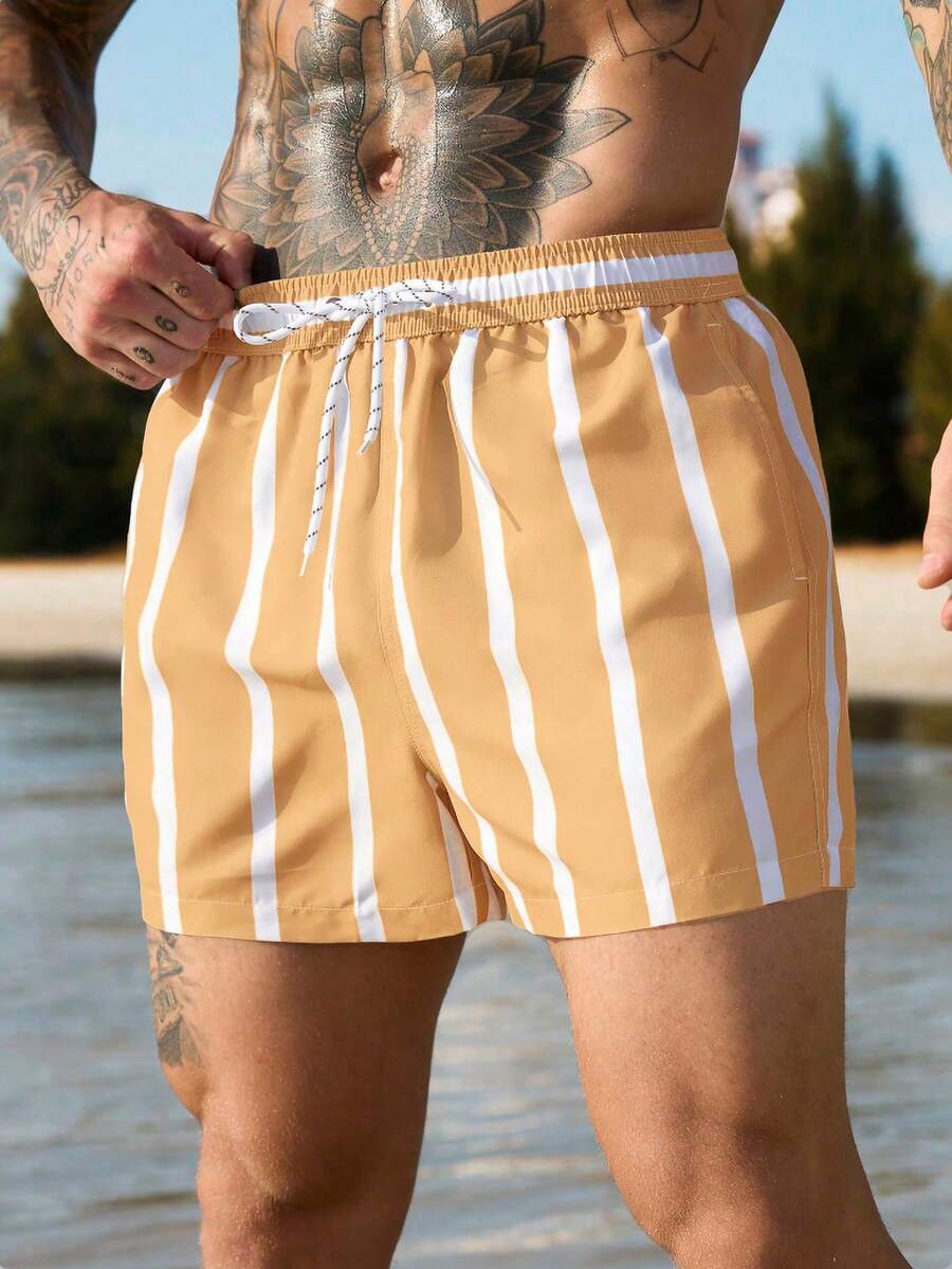 Manfinity Swimmode Men's Drawstring Waist Striped Beach Shorts - Multicolor - View 1