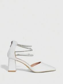 CUCCOO SZL Women's Fashion Black Crystal Embellished Criss-Cross Strap Pointed Toe Chunky High Heel Slip-On Pumps, Convenient For Commuting, Dating, Party, Holiday, Wedding Valentine's Day - Chantilly - View 2