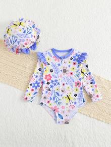 女婴碎花长袖连体泳衣,带帽子 - 彩色 - 查看 7