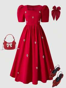 SHEIN Vestido largo minimalista de moda para niñas, vestido largo de punto rojo con cuello cuadrado y adornos de cristal, adecuado para fiestas, salidas y eventos importantes - Rojo - Ver 8