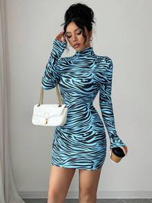 Elenzga Đầm mini ôm sát cơ thể thanh lịch, gợi cảm dành cho nữ, thích hợp đi làm, dự tiệc, hẹn hò, in họa tiết da báo, tay dài, cổ cao, dáng ôm, thích hợp cho mùa thu/đông. - Màu xanh lam - Xem 5