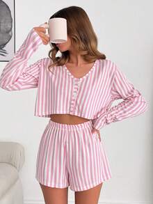 SHEIN Set da casa e tempo libero da donna in cotone, composto da 2 pezzi: top a maniche lunghe con scollo a V e bottoni, a righe rosa e bianche, e pantaloncini coordinati - Rosa - Visualizzare 5