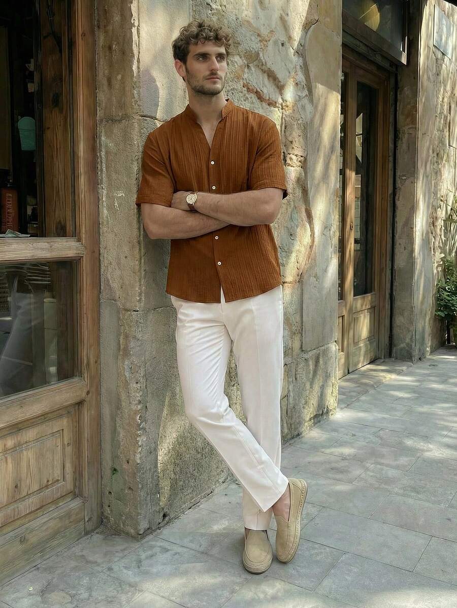 HIMLAND 2pcs Men's Casual Stand Collar V-Neck Short Sleeve Shirt Top And Bottom Set, Linen Summer Set, Old Money, Cozy Outfits