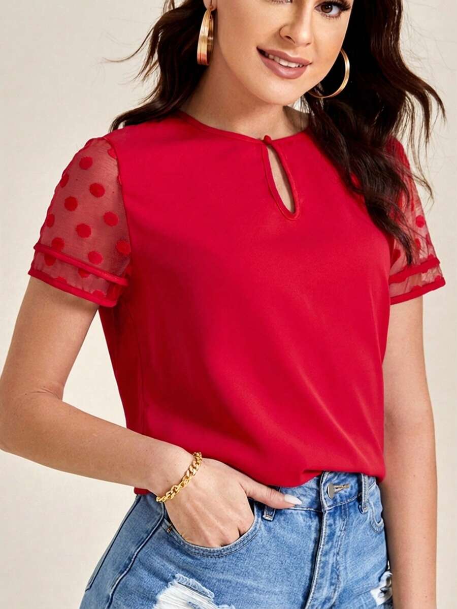 SHEIN Clasi 女款圓領鏤空紅色波點網紗拼接短袖上衣,夏季優雅派對奢華上衣,適合情人節與婚禮賓客穿著 - 紅色 - 查看 1