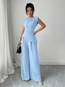 Rafferiza 2pcs/Set Women Solid Color Textured Pleated Round Neck Sleeveless Top - Baby Blue - View 7