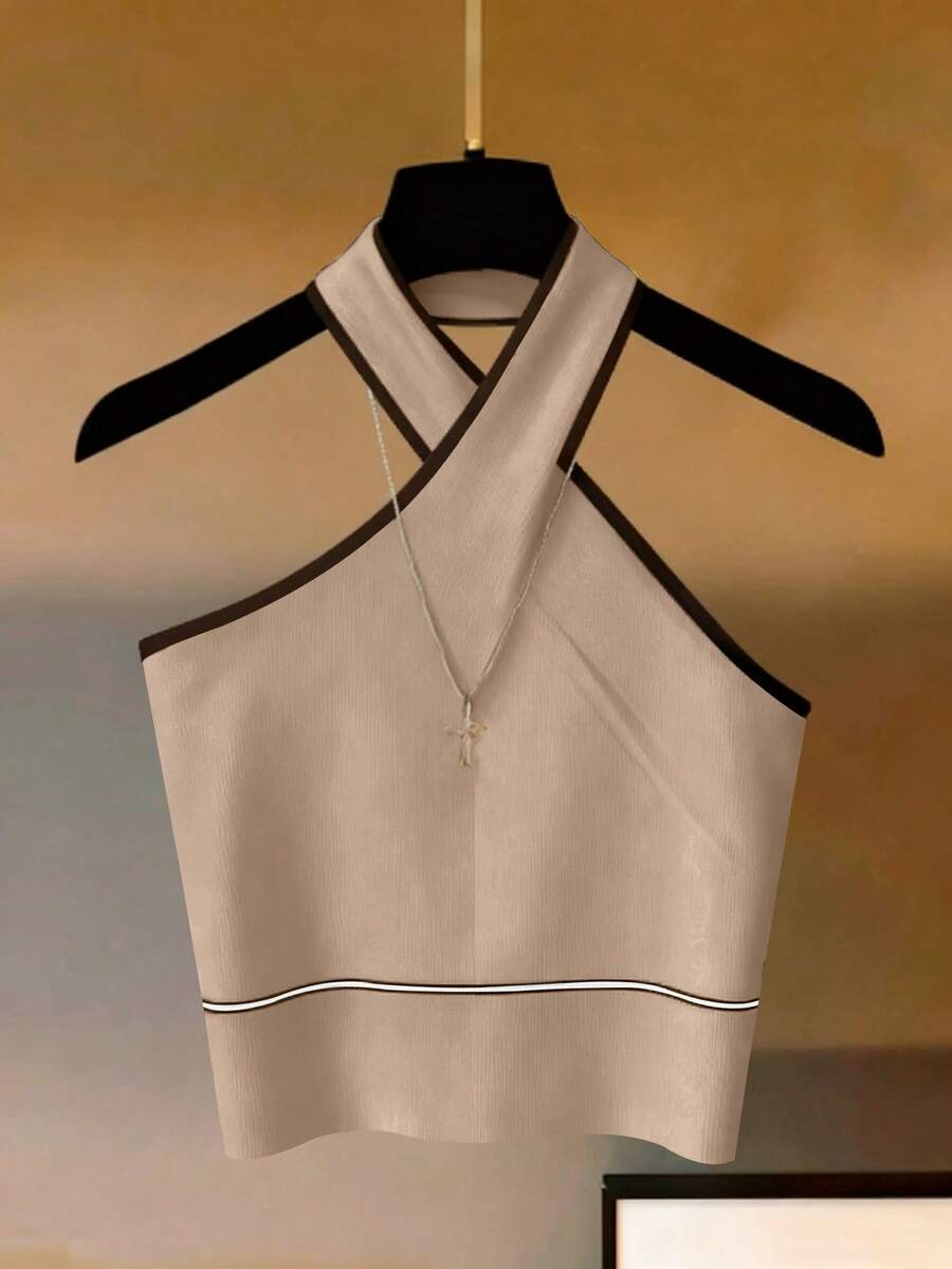 Franclia Women's Halter Neck Tank Top, White With Black Trim. Suitable For Beach Vacation, Cute And Elegant Lingerie, Autumn/Winter Clothing, National Day/New Year Outerwear, Elegant And Fashionable Everyday Wear, Office Casual, Versatile And Stylish, Urban Professional Attire For Teachers - Khaki - View 1