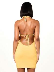 SUMWON WOMEN Halter Neck Backless Yellow Mini Dress With Black Script Graphic Print Cut Out Detail Party Summer Bodycon Sleeveless - Yellow - View 2