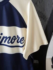 女童宽松圆领英文印花短袖直筒连衣裙，常规厚度针织面料，适合日常穿着、外出、上学、聚会等多种场合，适合8-12岁女孩，春夏款式 - 藏蓝色 - 查看 5