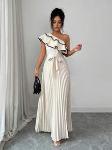 Elenzga 女士杏色撞色黑色系带腰部荷叶边露肩中长连衣裙，优雅的A字腰带设计，高品质精致风格，适合生日、约会、派对、工作、上学、度假、春夏等场合。 - 杏色 - 查看 7