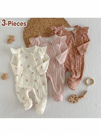 Loomiva Newborn Baby Girl 3-Piece Floral Print Knit Soft Ruffled Collar Romper With Footie,Red And White Polka Dot,Autumn,Cute,Family Matching Jumpsuit Sets