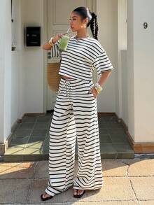 Muchica Women's Summer New Textured Striped Loose Short Sleeve T-Shirt And Pants Set - Apricot - View 4