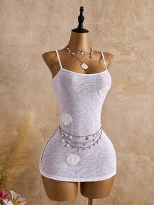 Bellisia 女士夏季度假贝壳拼接紧身吊带连衣裙罩衫 - 白色 - 查看 8