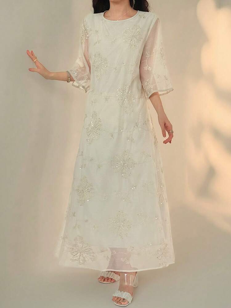 Women's Sequin Decor Round Neck 3/4 Sleeve Elegant Dress Sundress