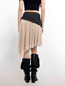 Bloopia Women's Asymmetric Hem Fashionable Lace Patchwork Denim Mini Skirt - Black - View 2