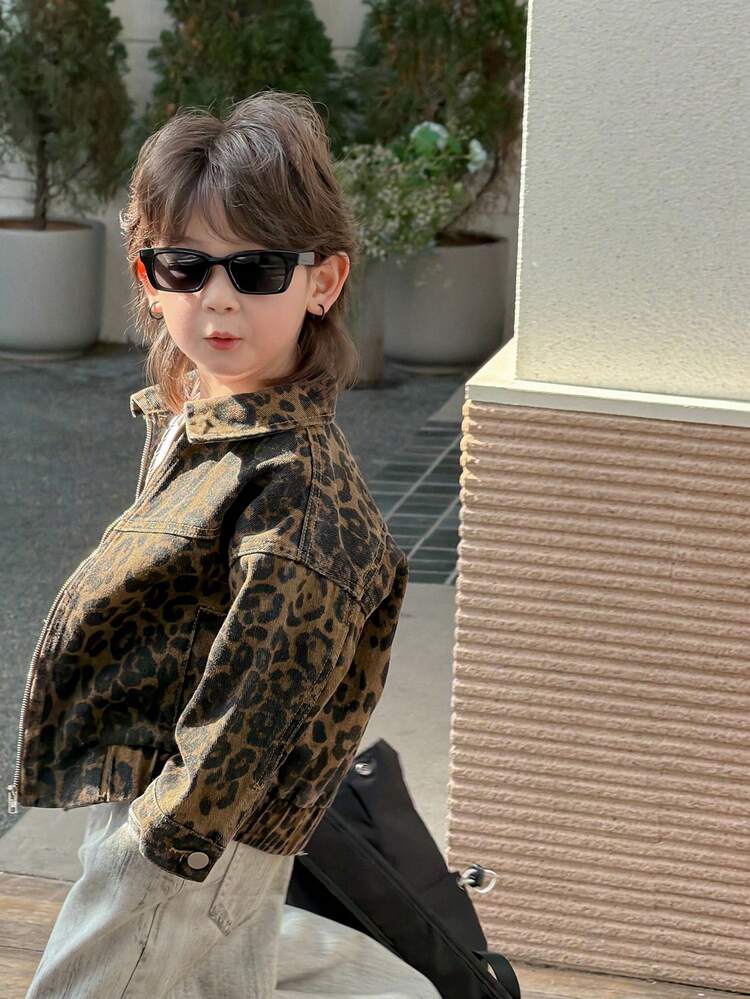Young Boy Leopard Print Zip-Up Casual Denim Jacket